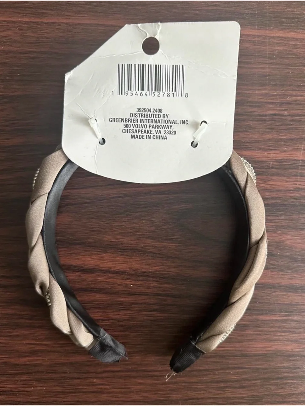 Braided Taupe Headband with Crystal Accent